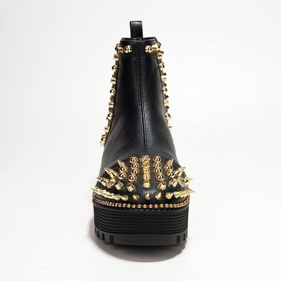 Women's Black Gold Studded Goth Punk Spiky Bold Design Chunky Heel Comfort Boot - Picture 4 of 7
